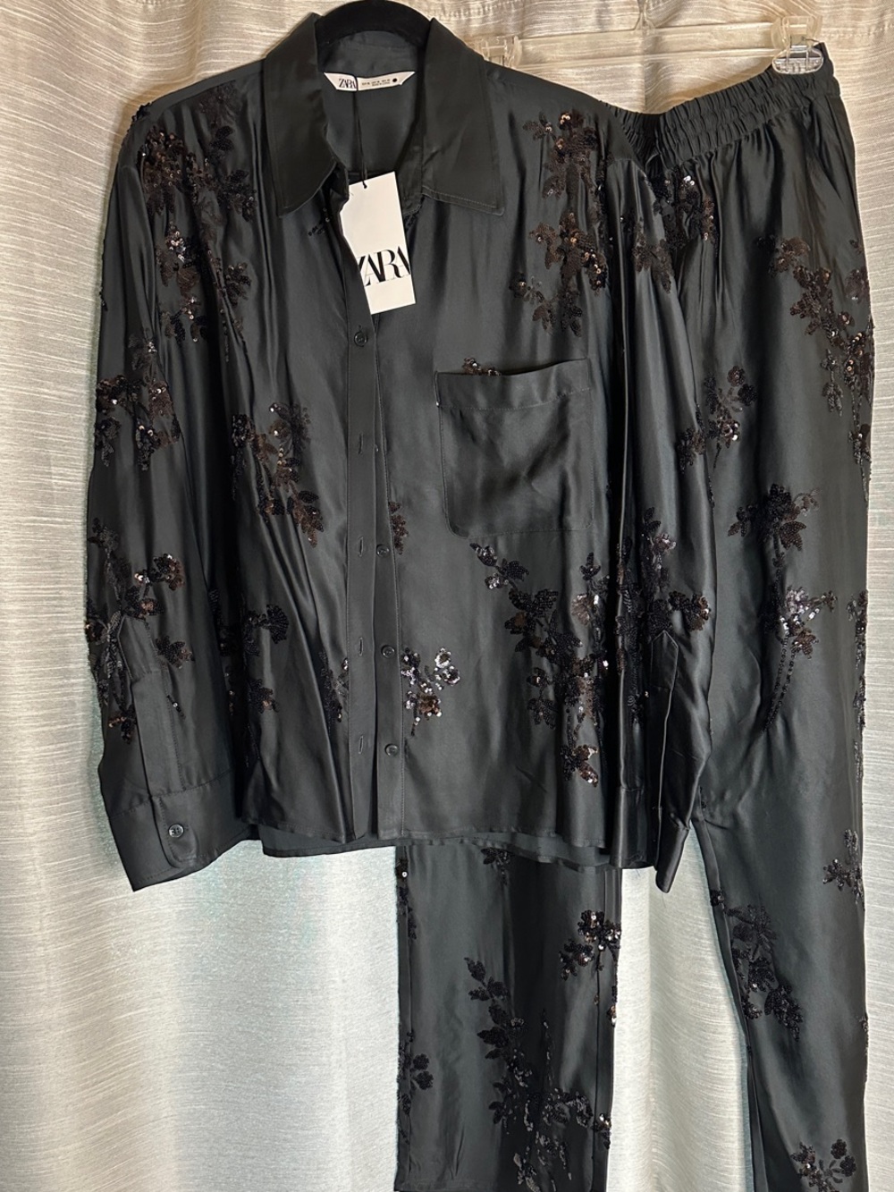 Zara Black Sequin Embellished Satin Pajama Style Shirt & Pants Set-L/XL